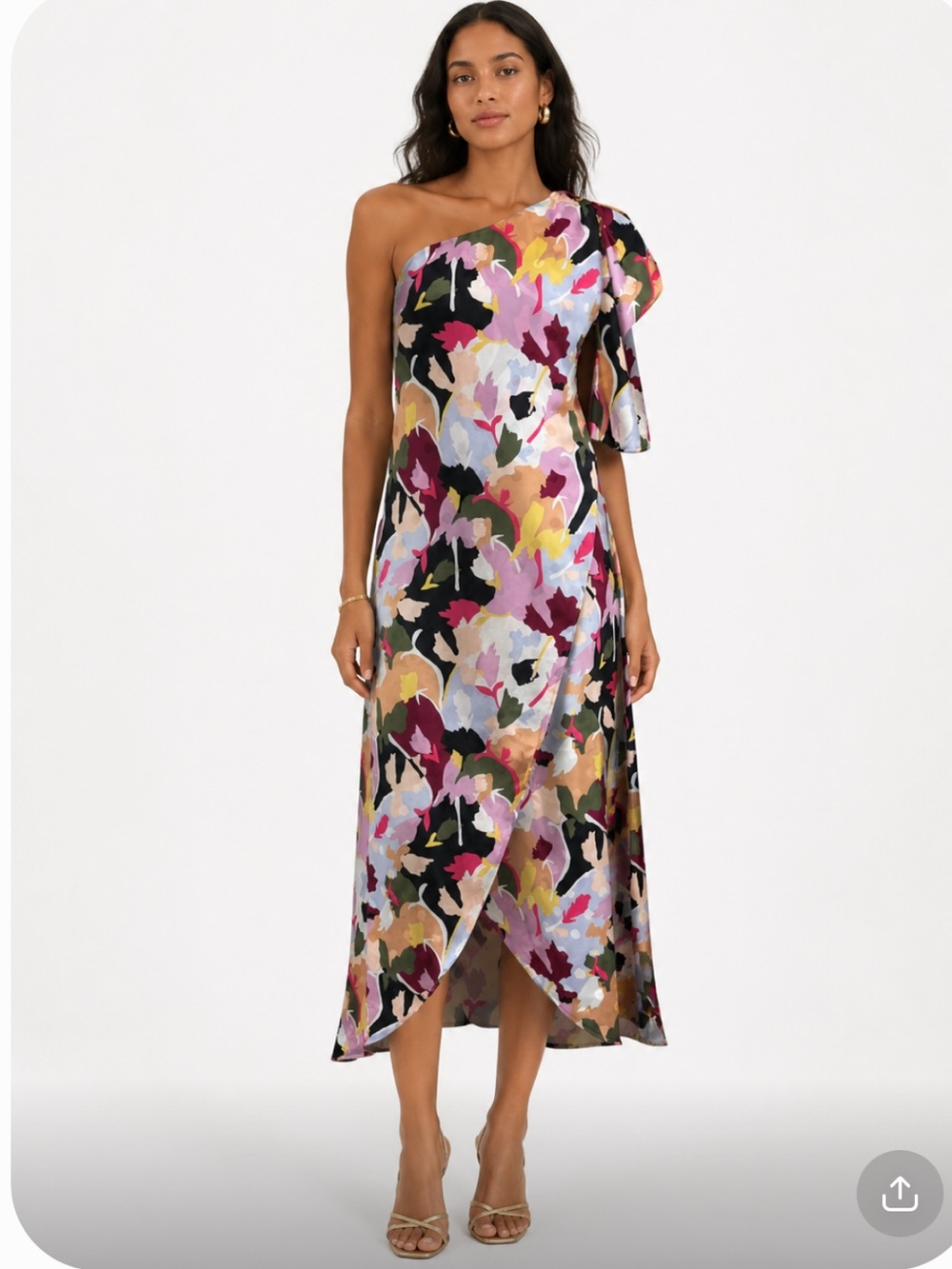 CROSBY by  Mollie Burch One-Shoulder Floral Satin Ruffle Slit Midi Dress Size S